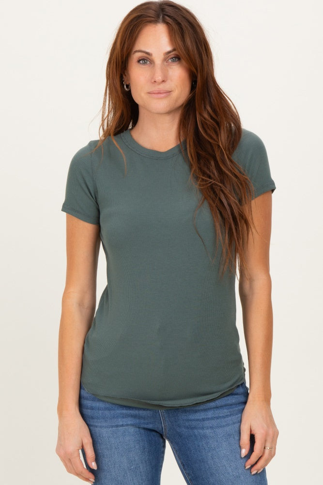 Olive Ribbed Short Sleeve Curved Hem Top