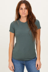 Olive Ribbed Short Sleeve Curved Hem Top