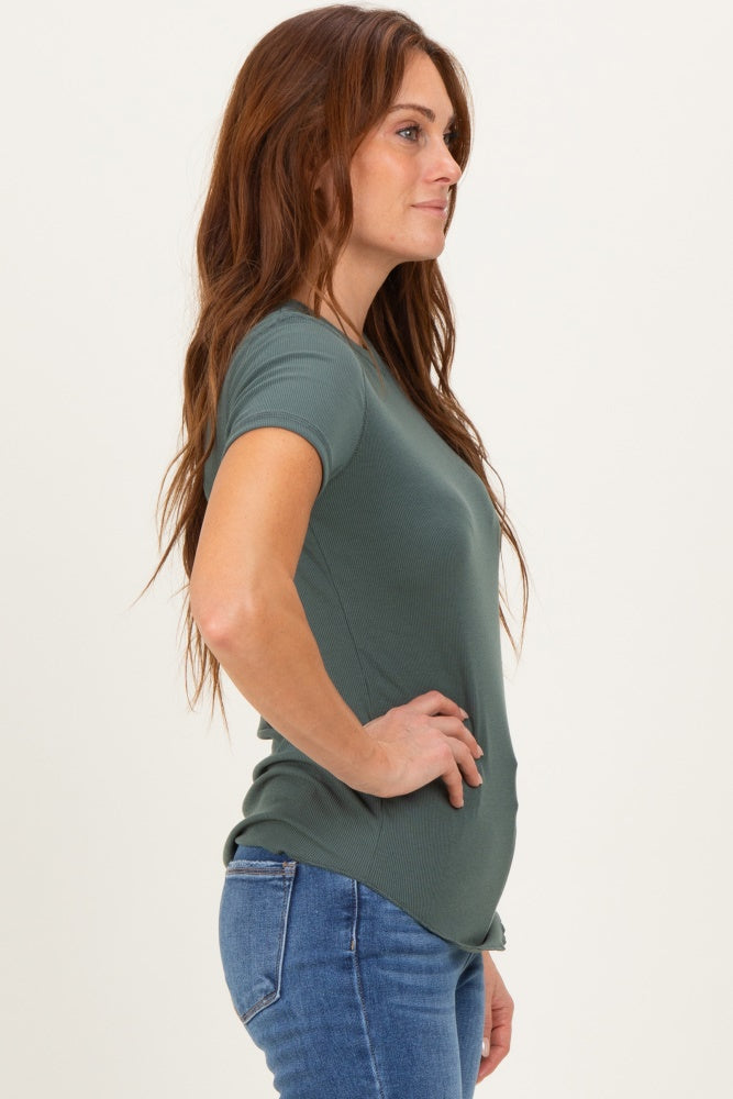 Olive Ribbed Short Sleeve Curved Hem Top