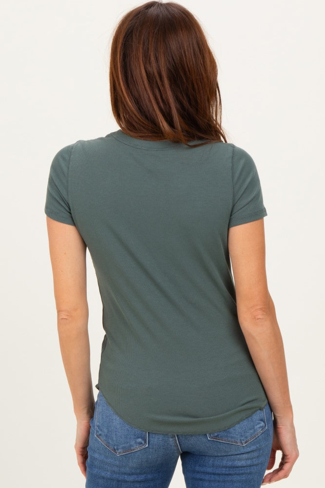 Olive Ribbed Short Sleeve Curved Hem Top