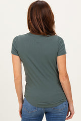 Olive Ribbed Short Sleeve Curved Hem Top