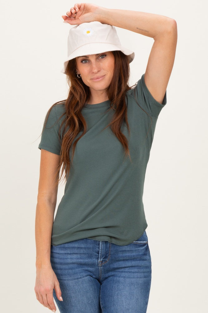 Olive Ribbed Short Sleeve Curved Hem Top