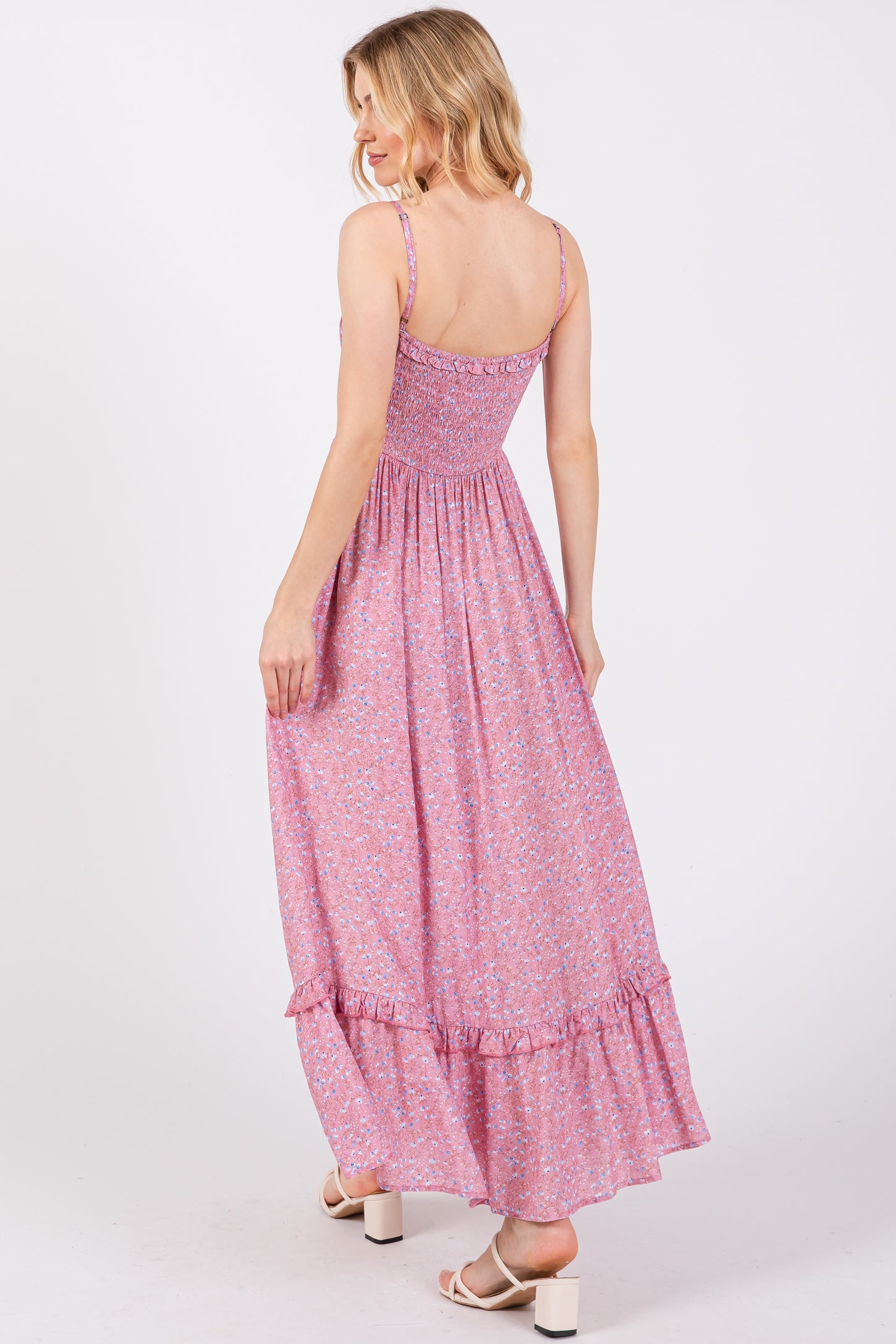 Pink Floral Ruffle Square Neck Smocked Waist Maxi Dress