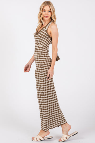 Olive Crochet Knit Ruffle Strap Midi Dress