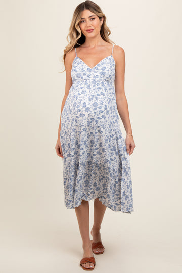 Blue Floral Sleeveless Tiered Maternity Midi Dress