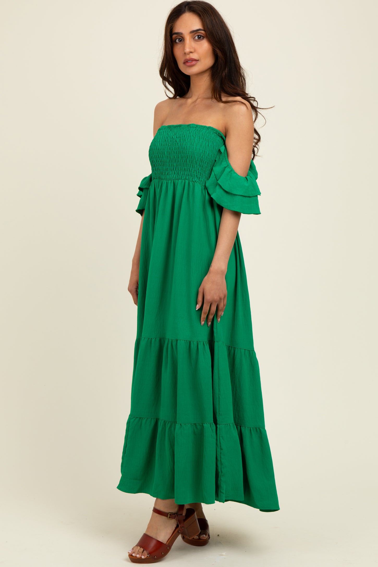 Kelly Green Solid Flared Sleeve Long Tiered Dress PinkBlush Kelly Green Solid Flared Sleeve Long Tiered Dress PinkBlush