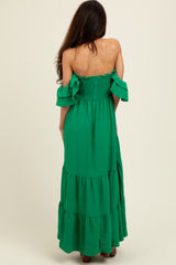 Kelly Green Solid Flared Sleeve Long Tiered Dress