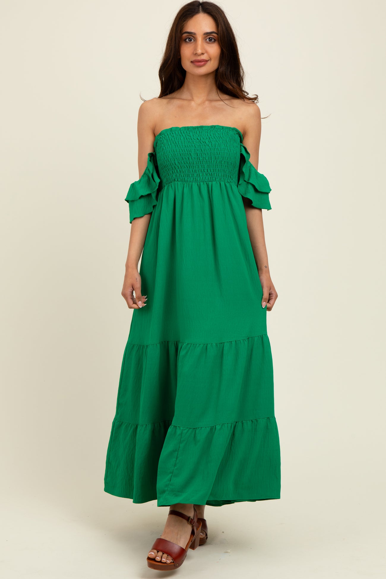 Kelly Green Solid Flared Sleeve Long Tiered Dress PinkBlush Kelly Green Solid Flared Sleeve Long Tiered Dress PinkBlush
