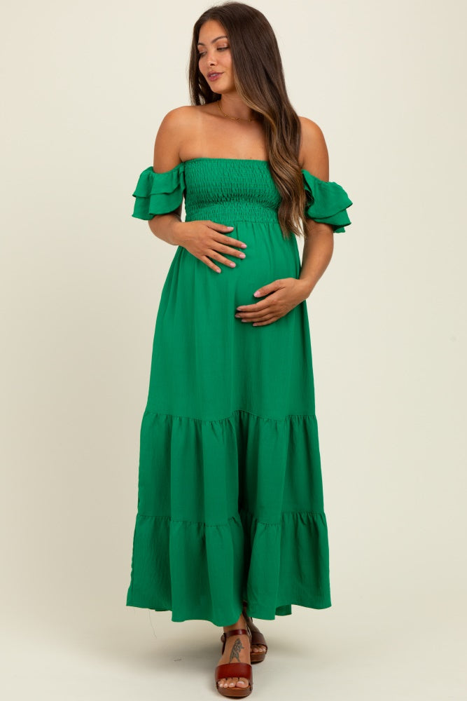 Kelly Green Solid Flared Sleeve Long Tiered Maternity Dress Kelly Green Solid Flared Sleeve Long Tiered Maternity Dress