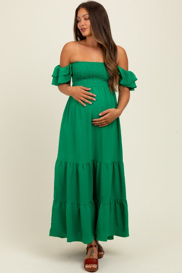 Kelly Green Solid Flared Sleeve Long Tiered Maternity Dress