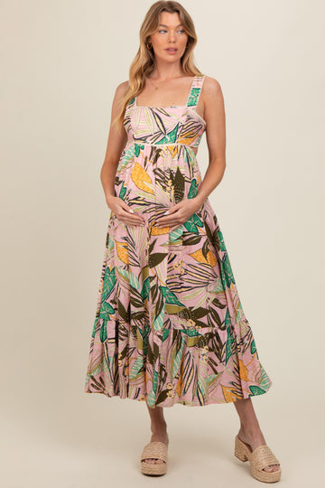 Light Pink Tropical Back Tie Cutout Maternity Maxi Dress