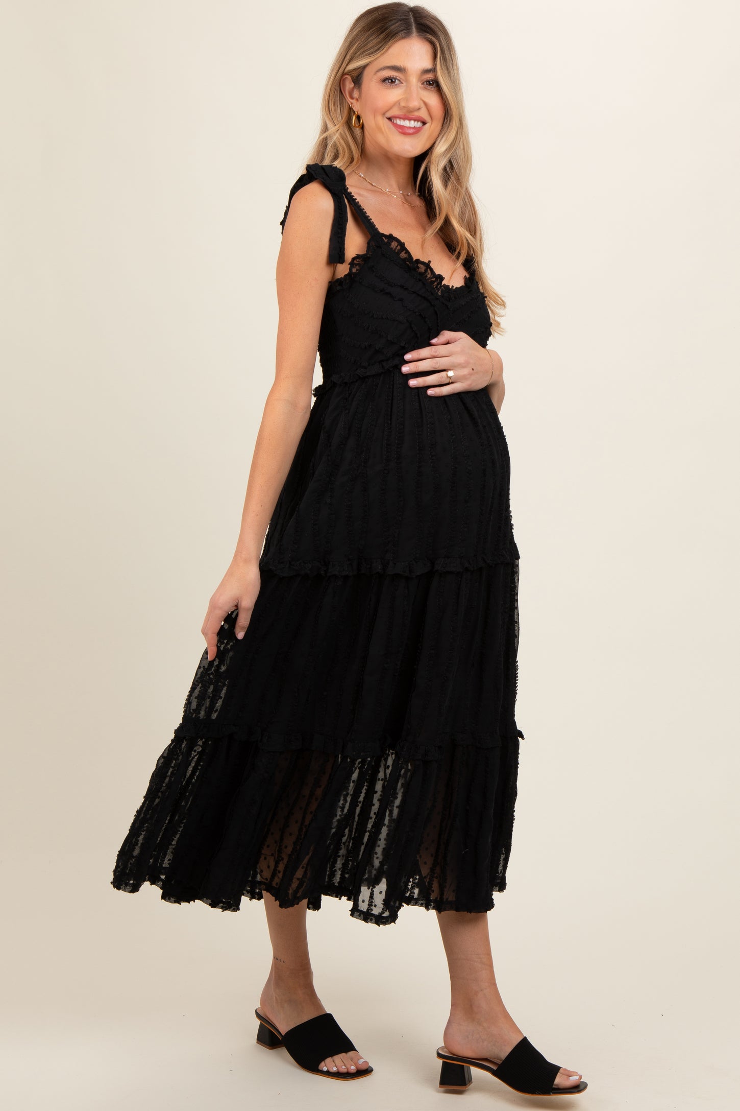pregnancy black tie dresses Black Textured Tie Strap Tiered Maternity Midi Dress – PinkBlush