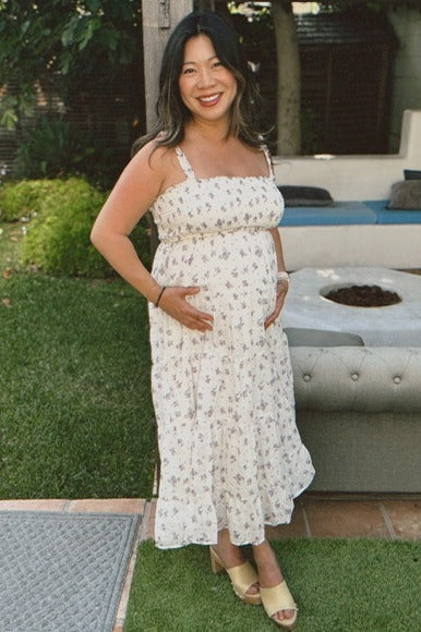 Ivory Smocked Embroidered Floral Maternity Maxi Dress