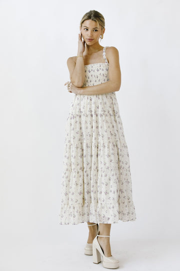 Ivory Smocked Embroidered Floral Maxi Dress