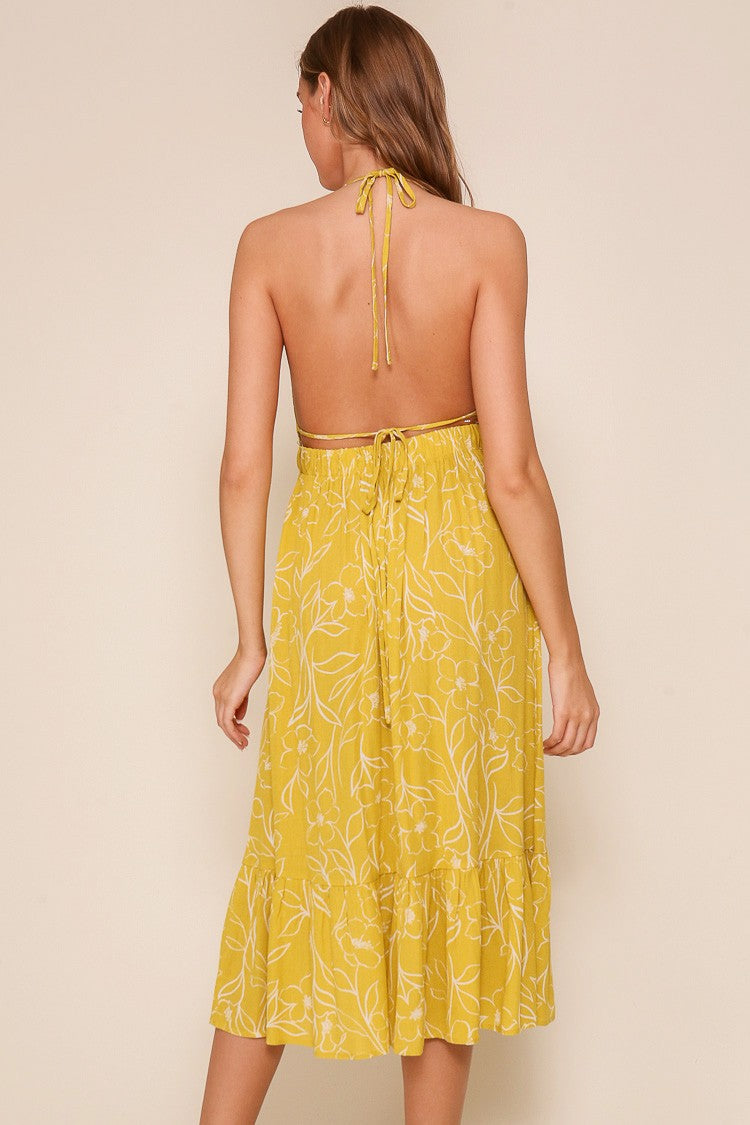 Yellow Floral Sleeveless Halter Neck Open Back Dress Yellow Floral Sleeveless Halter Neck Open Back Dress