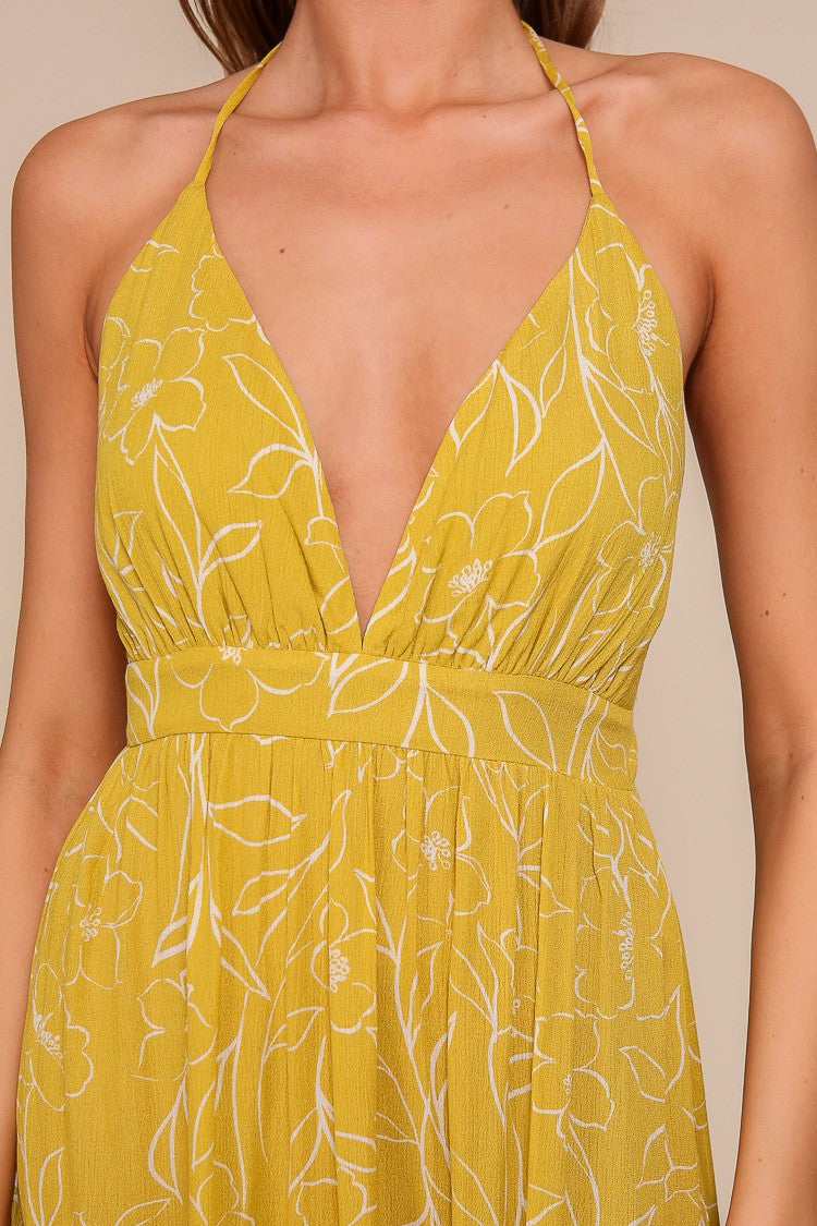 Yellow Floral Sleeveless Halter Neck Open Back Dress – PinkBlush Yellow Floral Sleeveless Halter Neck Open Back Dress – PinkBlush