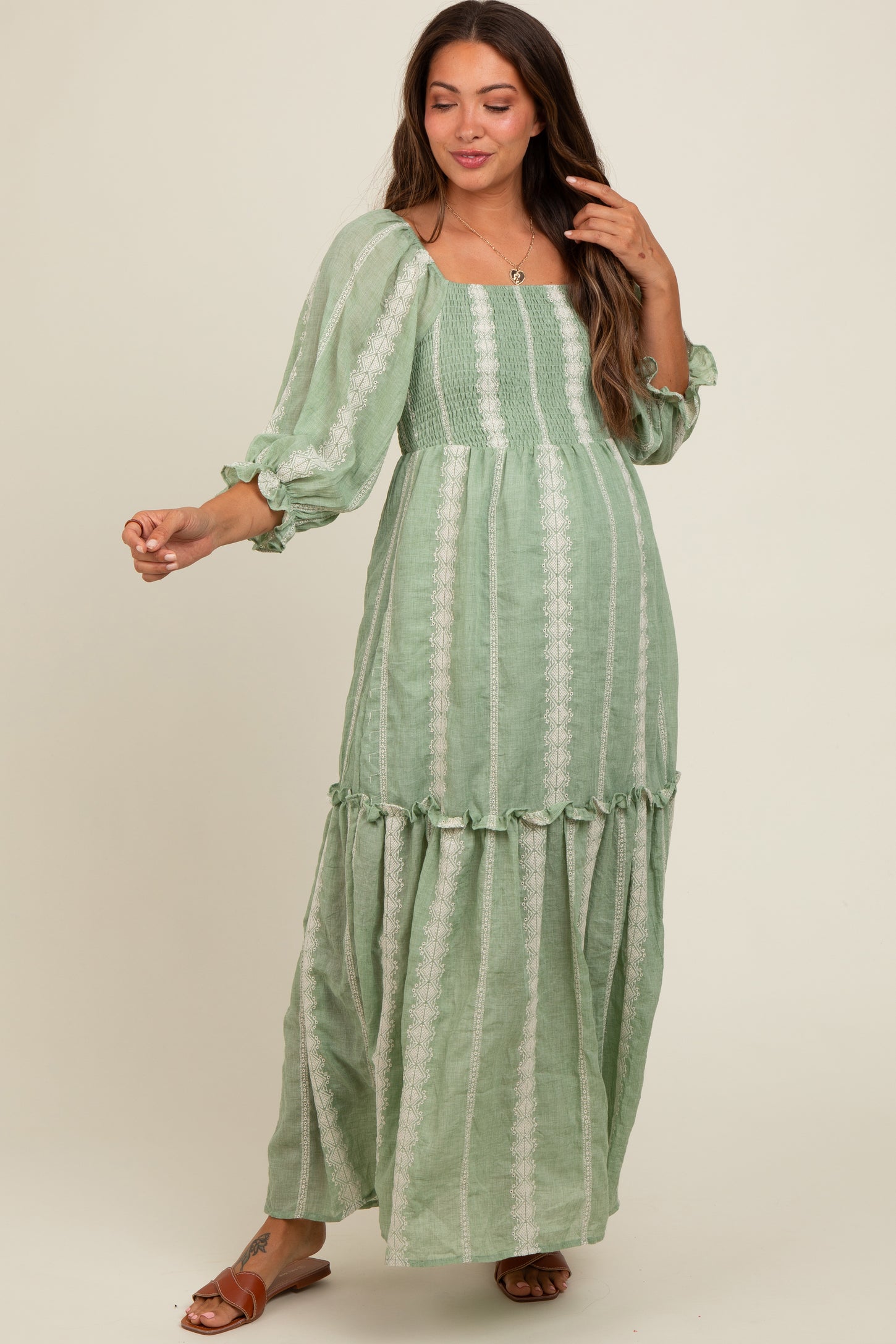 Light Olive Embroidered Detail Smocked Top Maternity Maxi Dress PinkBlush Light Olive Embroidered Detail Smocked Top Maternity Maxi Dress PinkBlush
