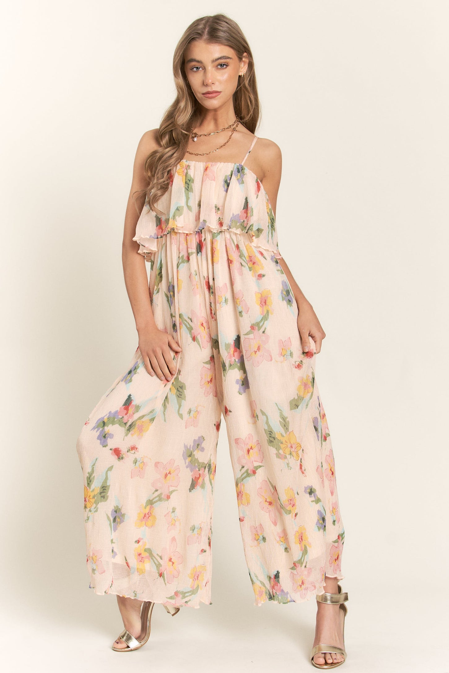 Flower Ruffle Jumpsuit Peach Floral Ruffle Overlay Wide Leg Maternity Jumpsuit – PinkBlush