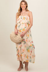 Peach Floral Ruffle Overlay Wide Leg Maternity Jumpsuit