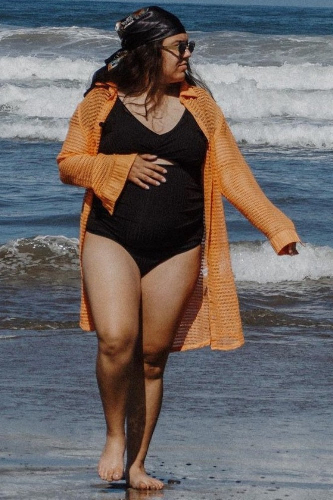 Black Ribbed Ruched Cutout Flutter One Piece Maternity Swimsuit