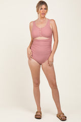 Mauve Scalloped Cutout Ruched One Piece Swimsuit