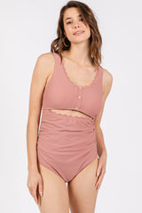 Mauve Scalloped Cutout Ruched One Piece Swimsuit