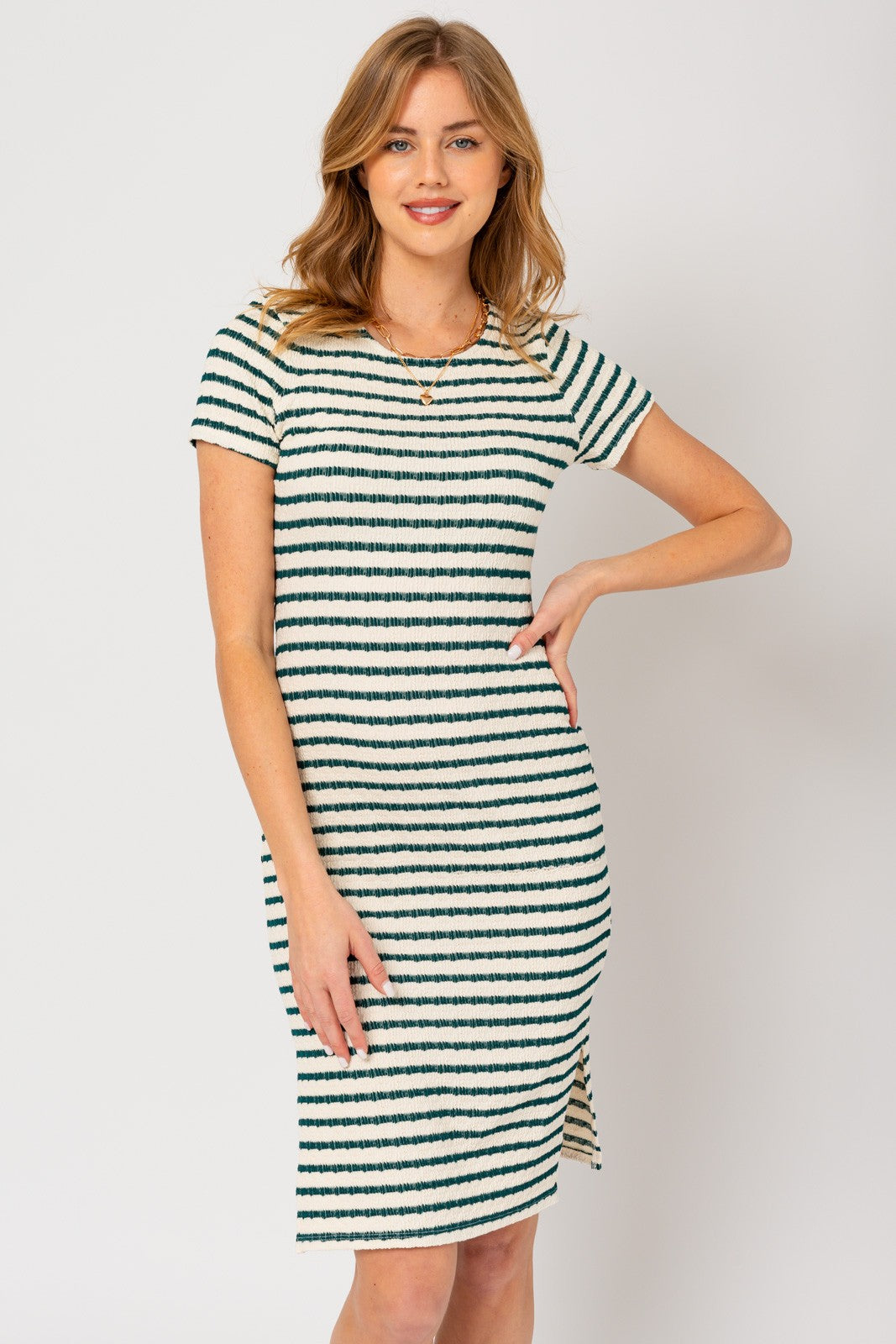 Forest Green Striped Back Cutout Dress