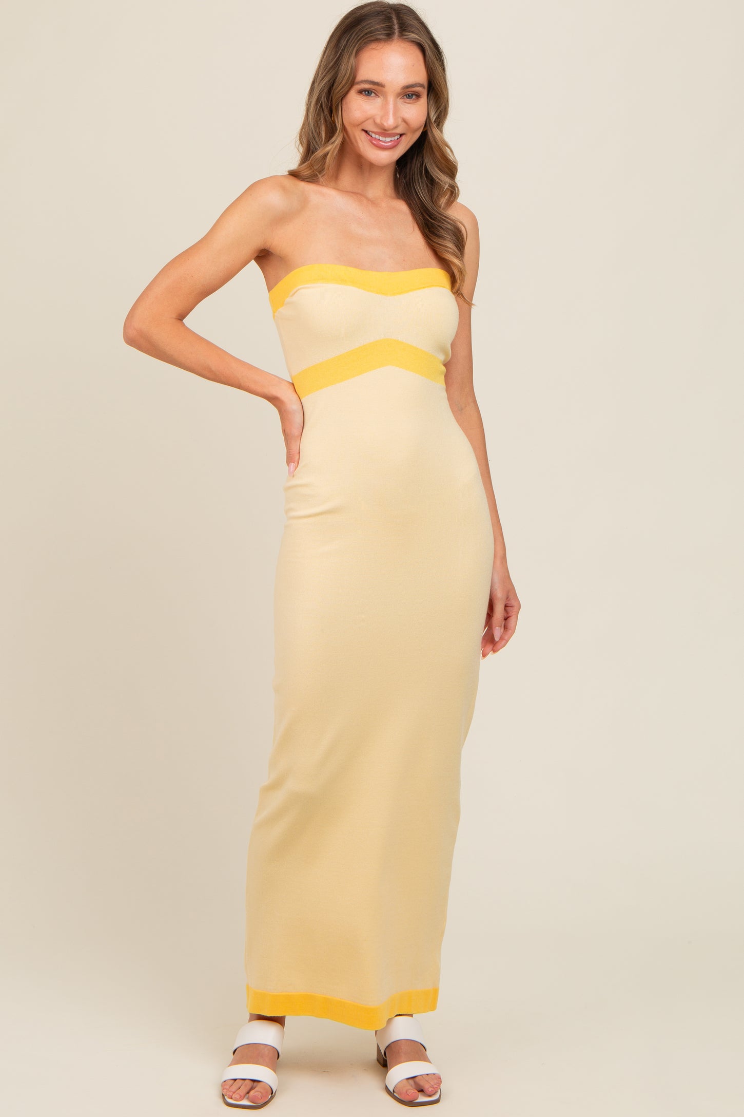 Yellow Strapless Contrast Trim Maternity Maxi Dress PinkBlush Yellow Strapless Contrast Trim Maternity Maxi Dress PinkBlush