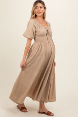 Taupe Smocked Puff Sleeve Maternity Maxi Dress