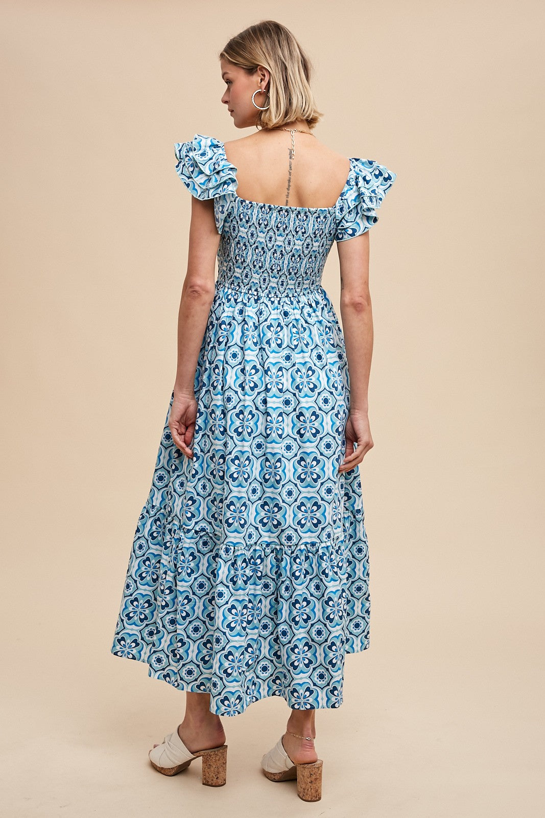 blue floral cap sleeve dress Blue Floral Midi Cotton Casual Dress: Carmen Blue Floral / XSmall