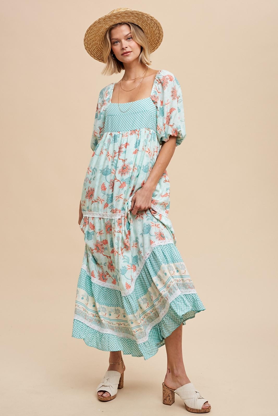 mint green gingham dress Mint Green Floral Gingham Lace Up Back Maxi Dress