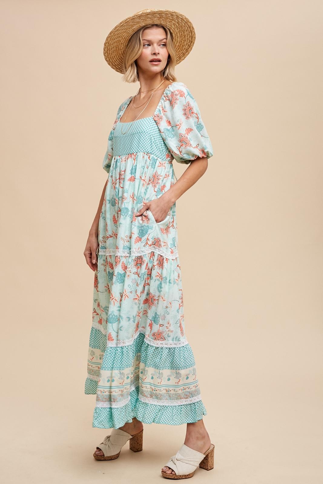 Mint Green Floral Gingham Lace Up Back Maxi Dress PinkBlush Mint Green Floral Gingham Lace Up Back Maxi Dress PinkBlush