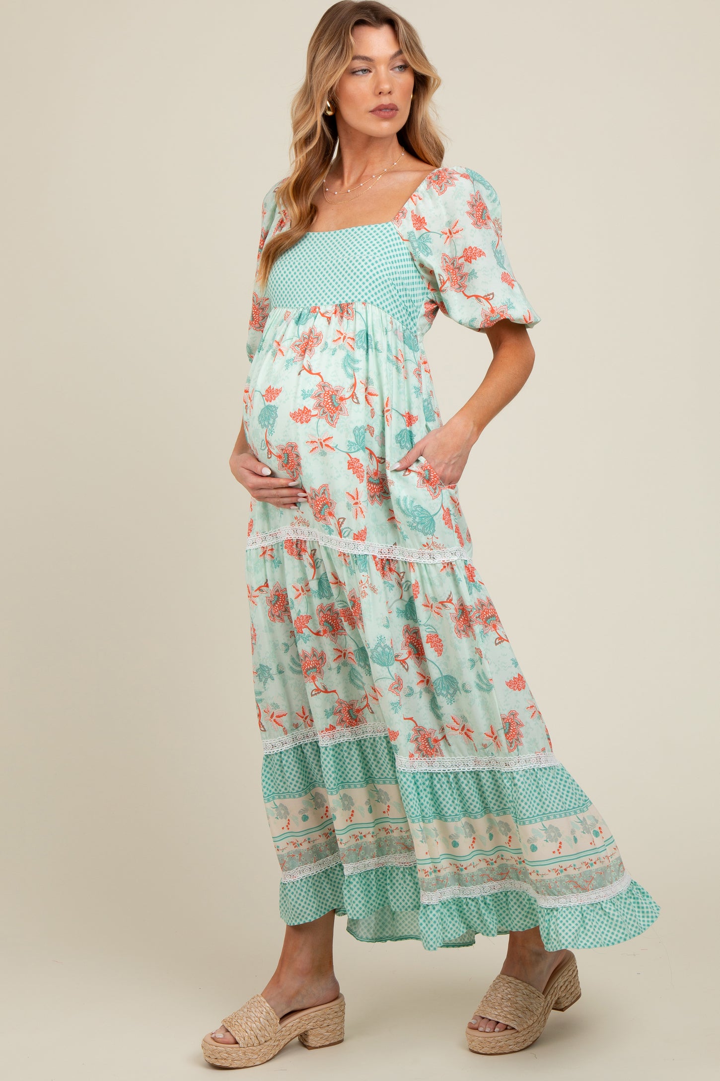 Mint Green Floral Gingham Lace Up Back Maternity Maxi Dress PinkBlush Mint Green Floral Gingham Lace Up Back Maternity Maxi Dress PinkBlush