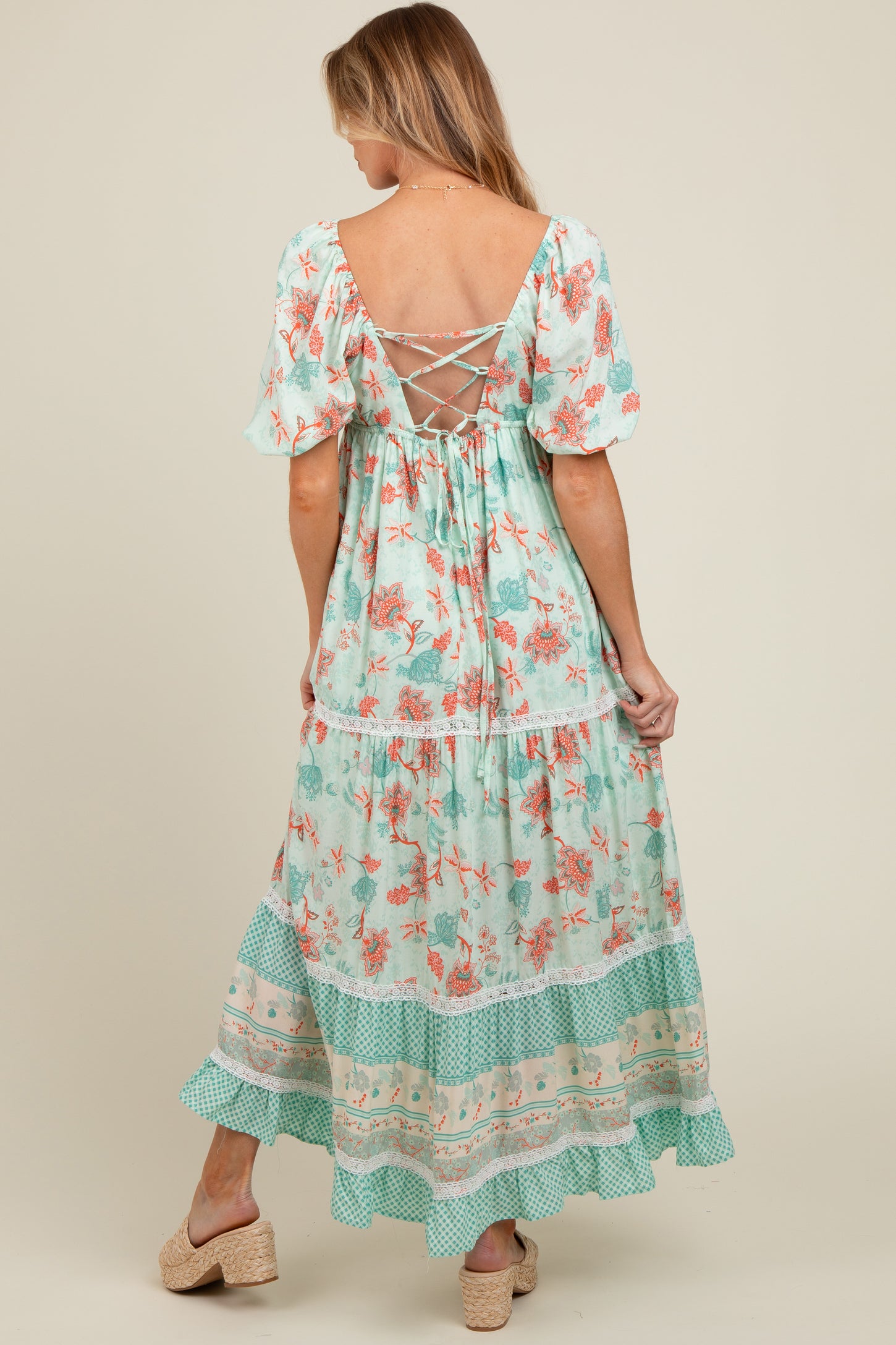 Mint Green Floral Gingham Lace Up Back Maternity Maxi Dress PinkBlush Mint Green Floral Gingham Lace Up Back Maternity Maxi Dress PinkBlush