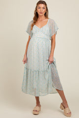 Light Blue Floral Flounce Sleeve Maternity Midi Dress
