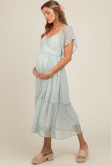 Light Blue Floral Flounce Sleeve Maternity Midi Dress