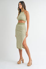 Light Olive Striped Crochet Crop Maternity Swimsuit Cover Up Set