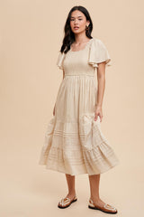 Cream Smocked Short Sleeve Midi Dress