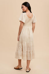 Cream Smocked Short Sleeve Midi Dress