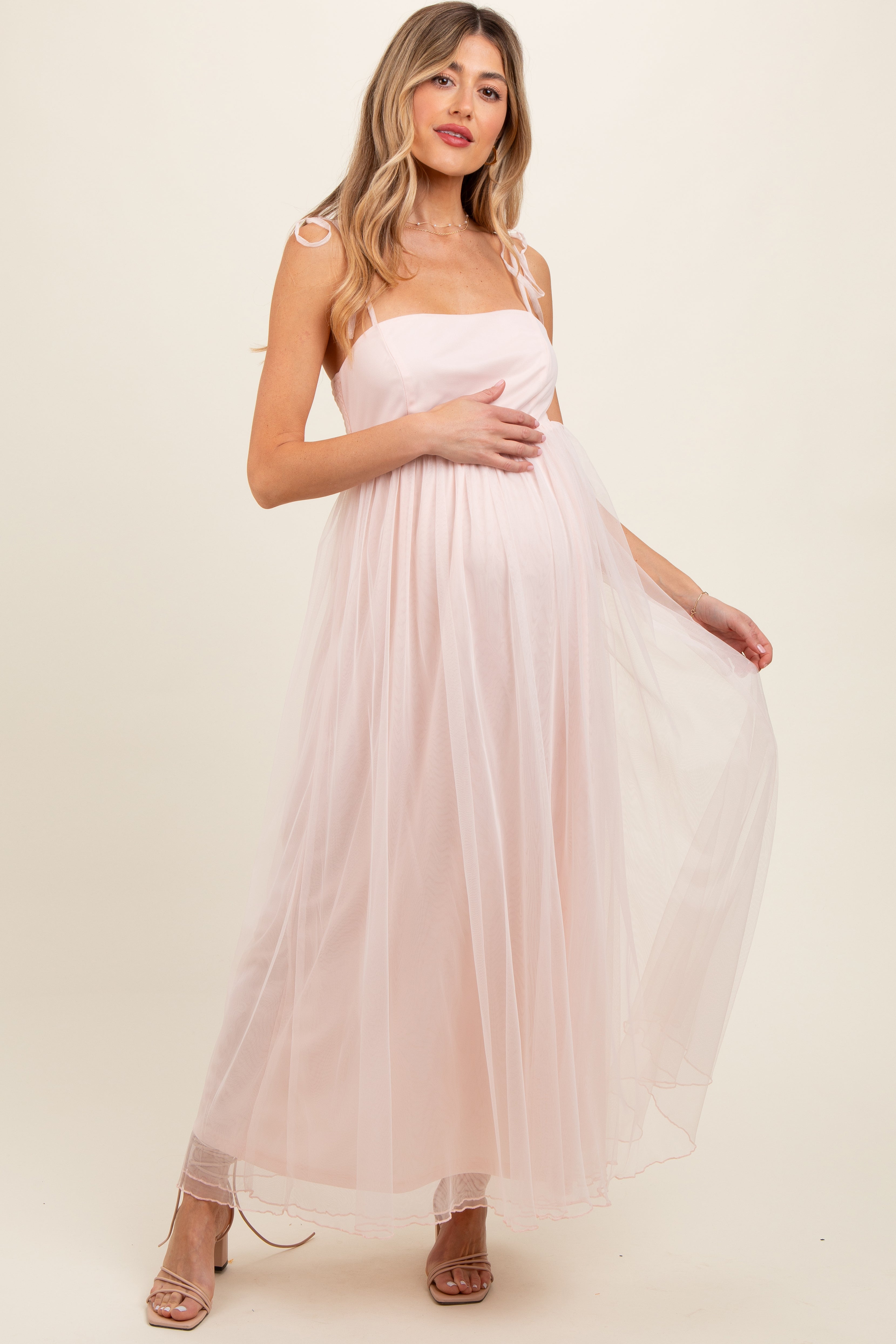 tulle maternity dress Light Pink Square Neck Shoulder Tie Tulle Maternity Maxi Dress – PinkBlush