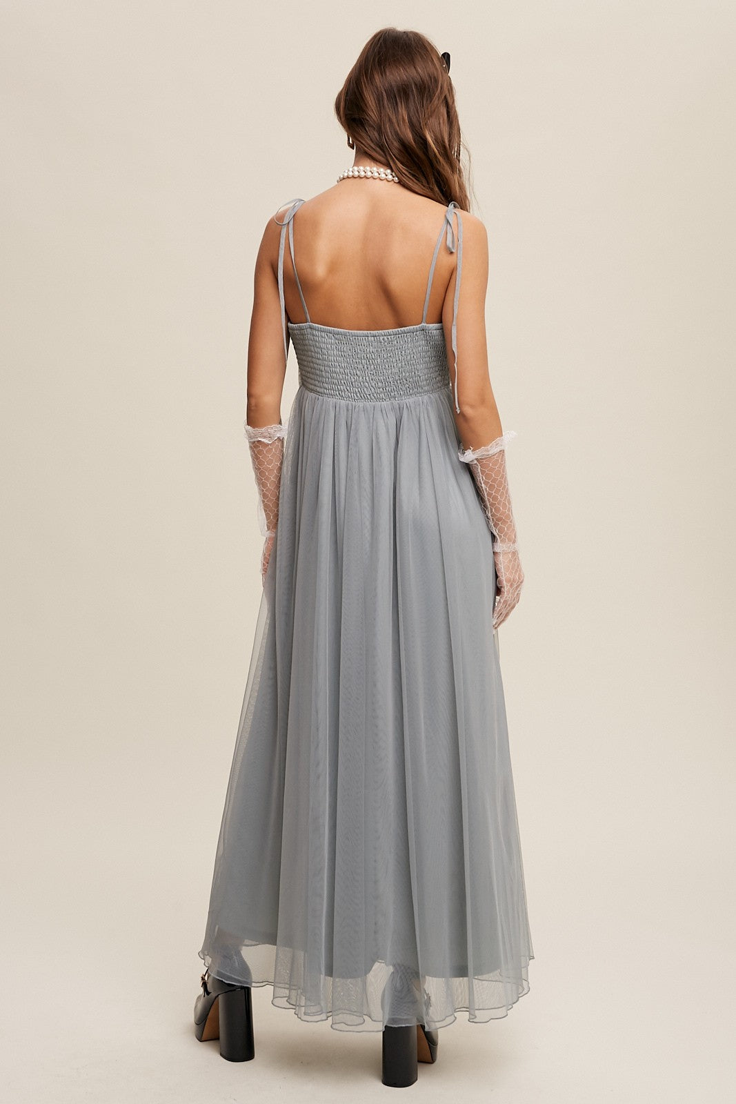 Green Square Neck Shoulder Tie Tulle Maxi Dress Green Square Neck Shoulder Tie Tulle Maxi Dress