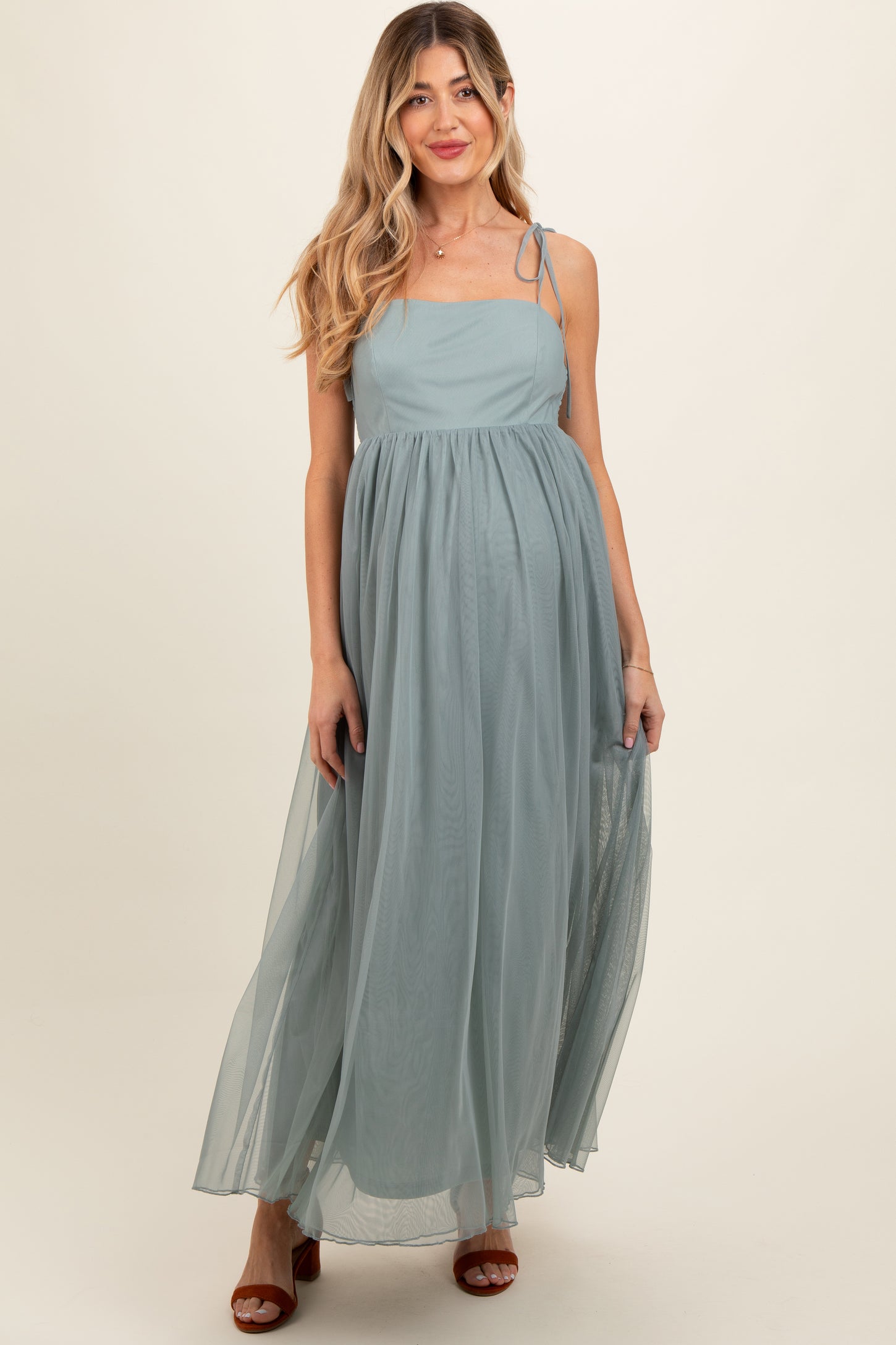 tulle maternity dress Green Square Neck Shoulder Tie Tulle Maternity Maxi Dress – PinkBlush