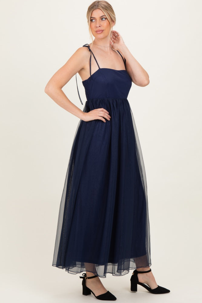 Navy Blue Square Neck Shoulder Tie Tulle Maxi Dress