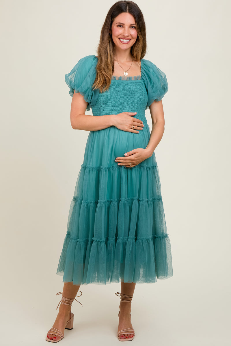 Teal Smocked Tiered Tulle Maternity Midi Dress– PinkBlush