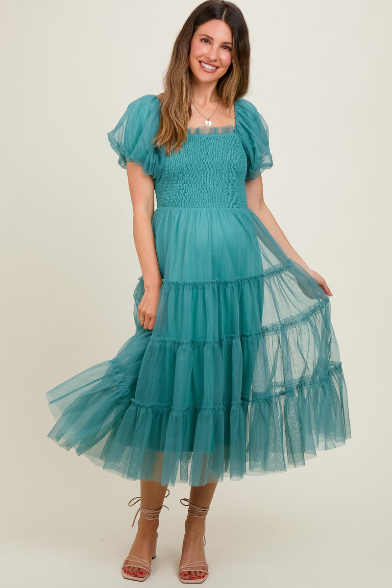 Teal Smocked Tiered Tulle Maternity Midi Dress – PinkBlush