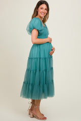 Teal Smocked Tiered Tulle Maternity Midi Dress – PinkBlush