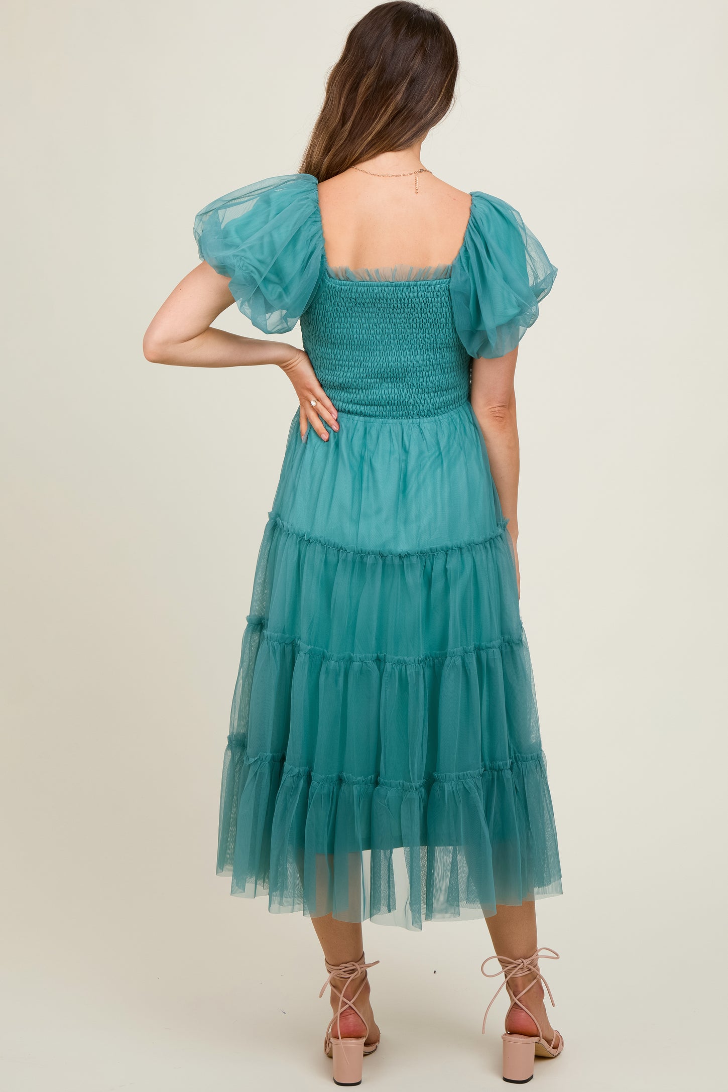 Teal Smocked Tiered Tulle Maternity Midi Dress – PinkBlush