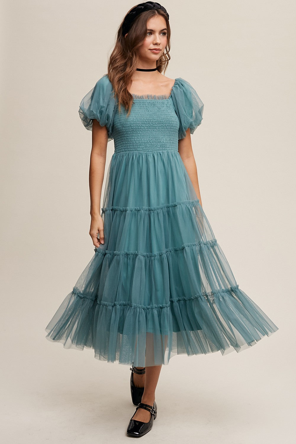Teal Smocked Tiered Tulle Maternity Midi Dress – PinkBlush