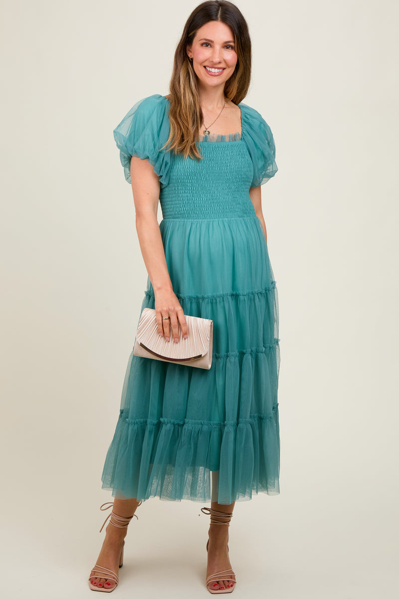 Teal Smocked Tiered Tulle Maternity Midi Dress – PinkBlush