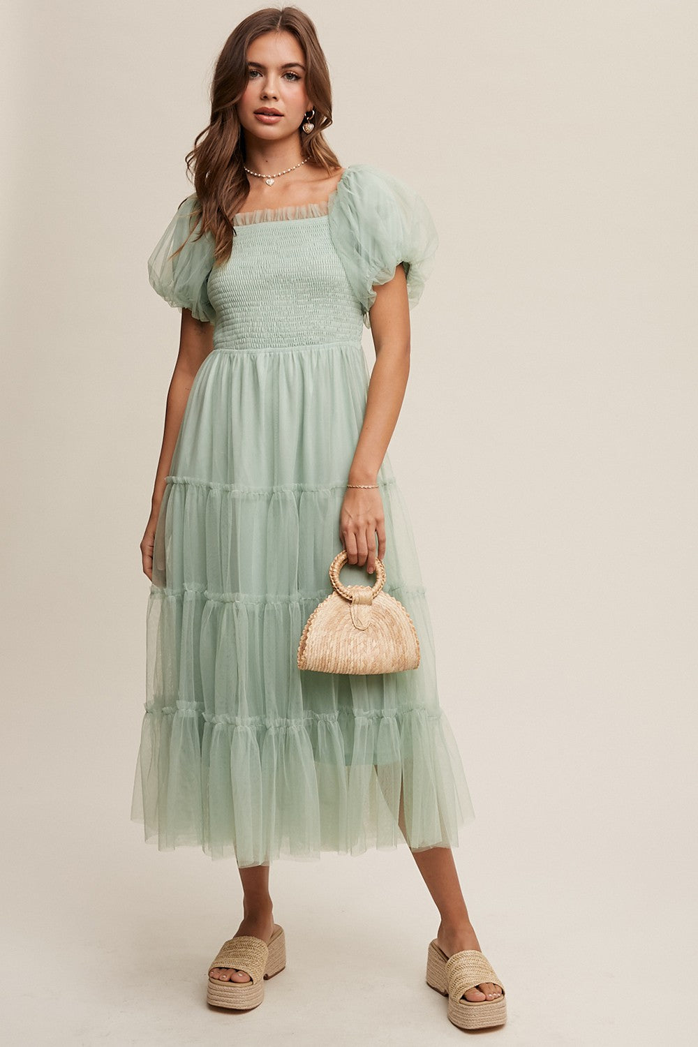 Mint Green Smocked Tiered Tulle Maternity Midi Dress – PinkBlush